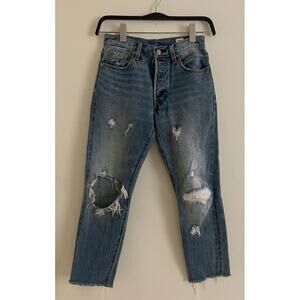 Levis White Oak Cone Denim 501 Short Distressed Denim Button Fly Jeans Size 26